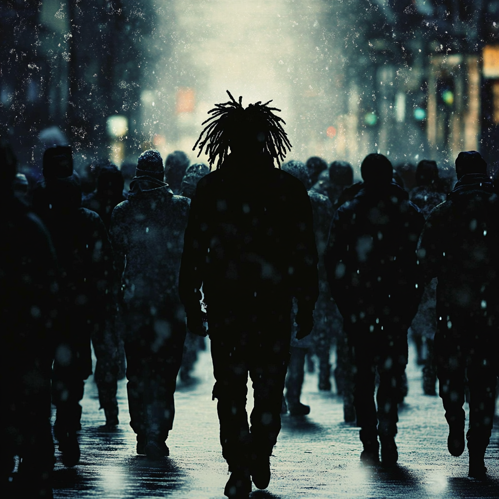 Lonely man with dreadlocks stands out in crowd.