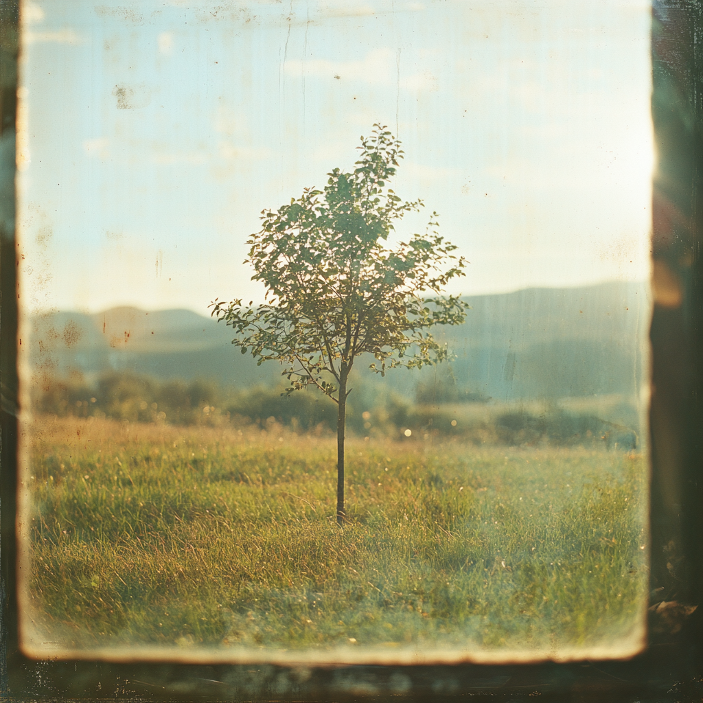 Lonely tree in field, seen through glass with effects.