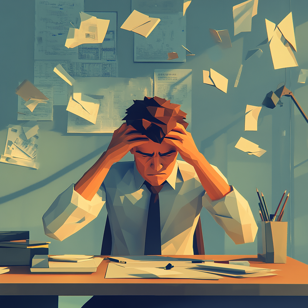 Low poly image: office manager unsure, surrounded by stress.