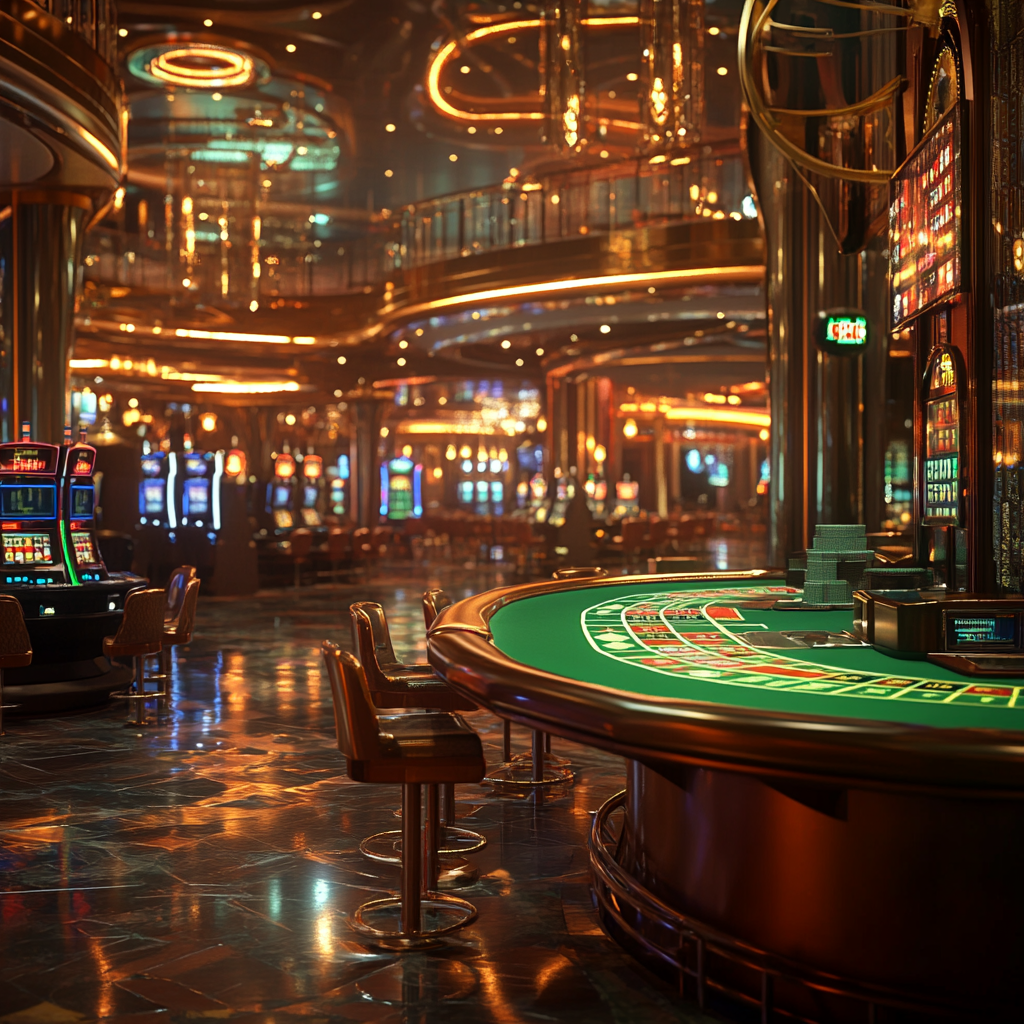 Luxurious Casino Setting with Slot Machines and Poker Tables