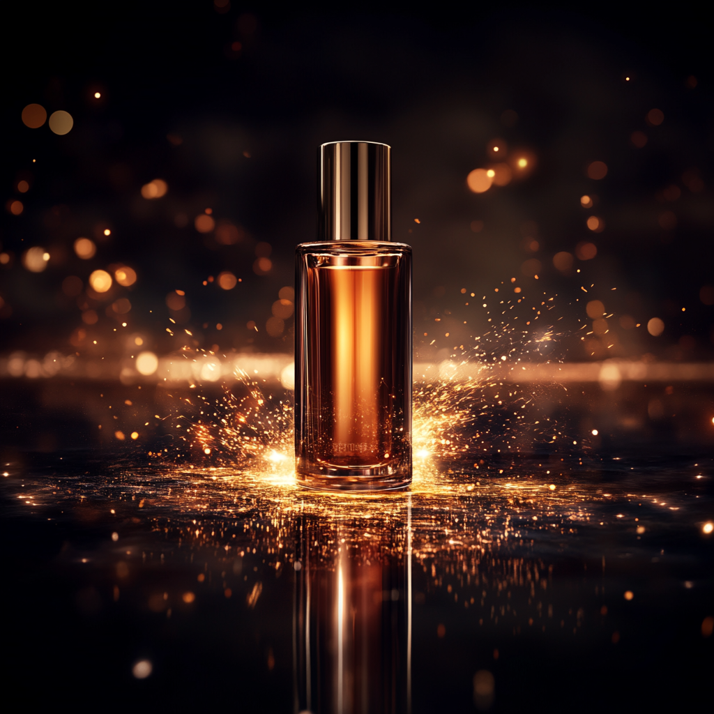 Luxurious beauty scene with golden light beams and dark gradient.