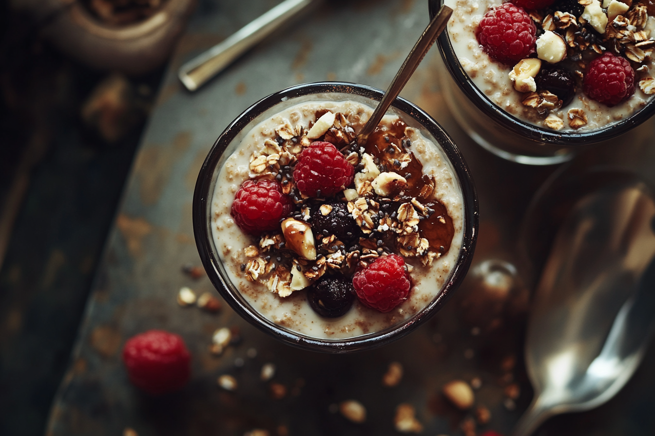 Luxurious top view shot of overnight oats.