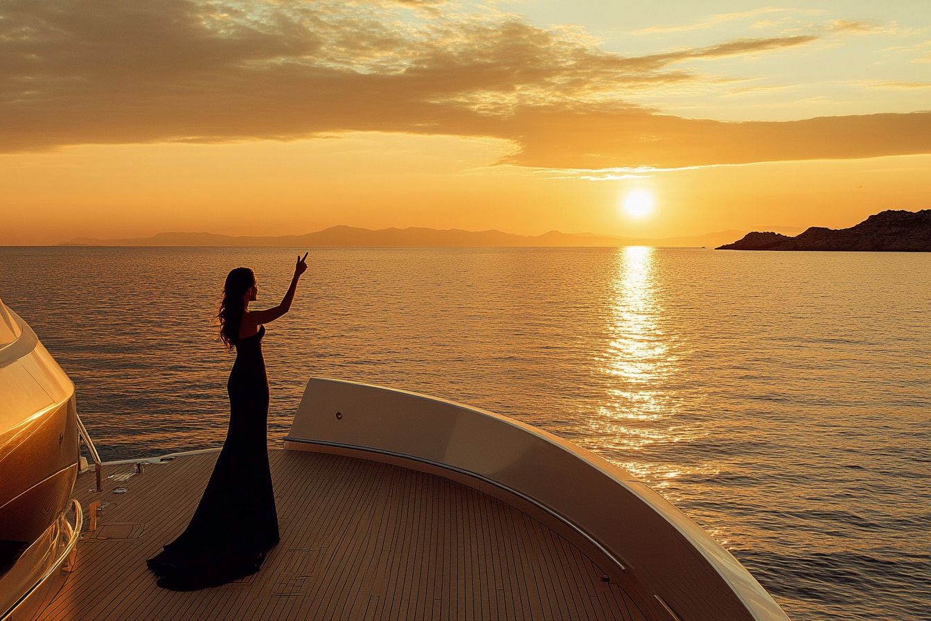 Luxurious yacht performance at sunset, Mediterranean waters sparkling.