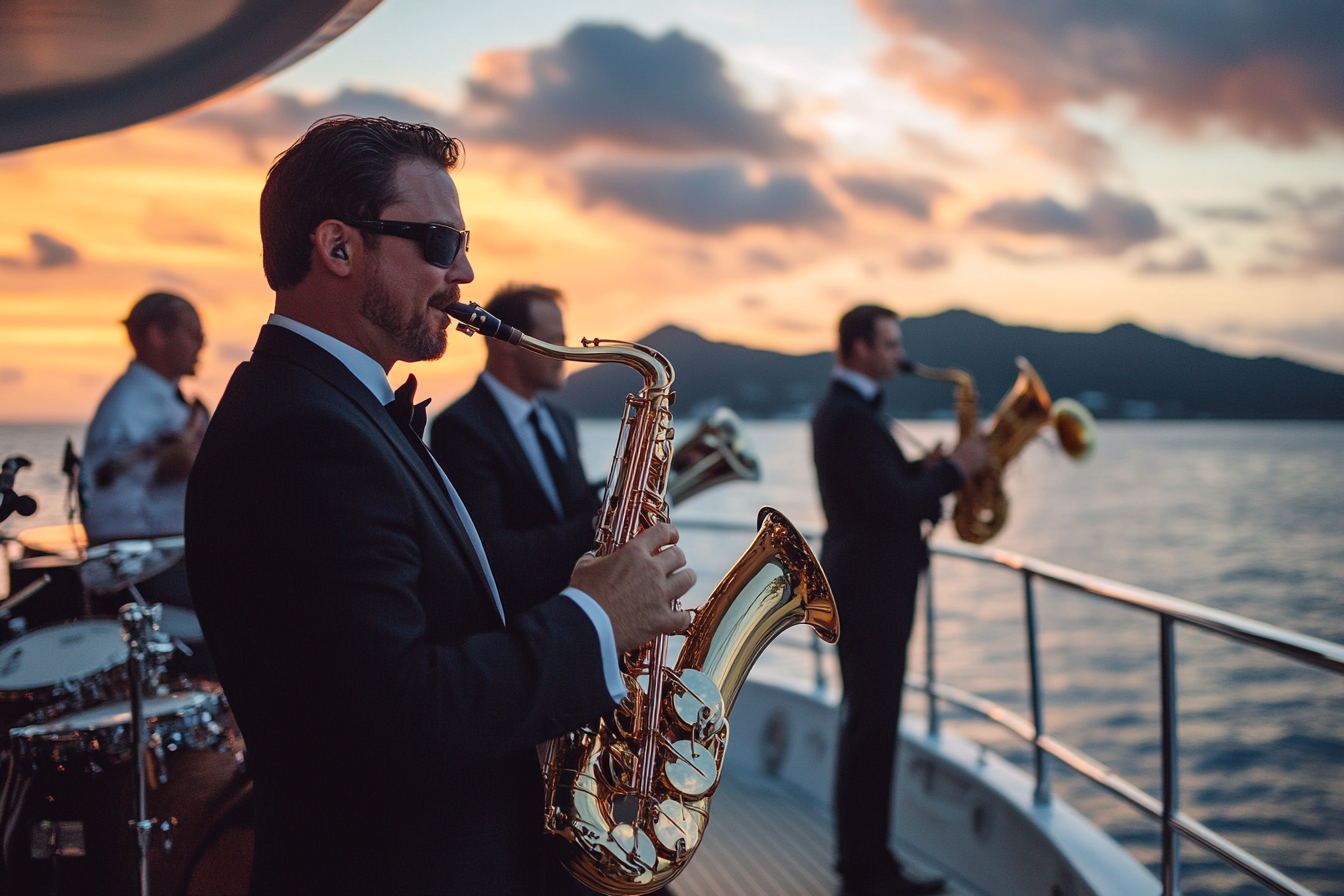 Luxury yacht in BVI, jazz band playing softly.