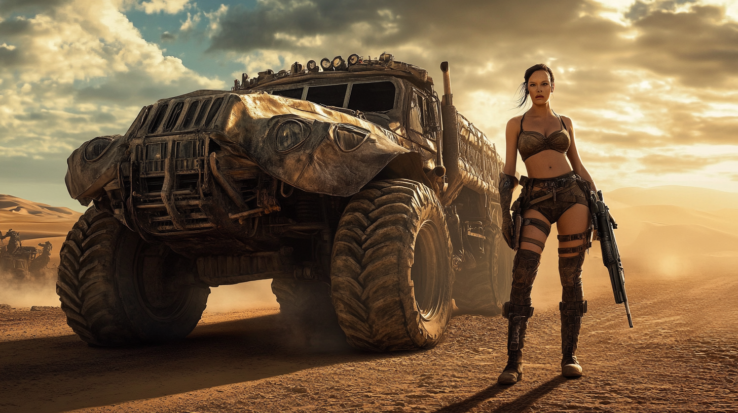 Mad Max style cinematic film still, Furiosa female.