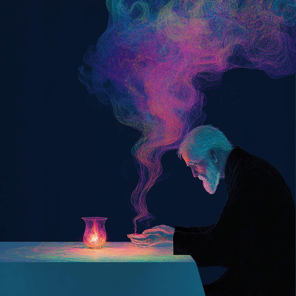 Mage conjures primordial spirit in blue and purple smoke.