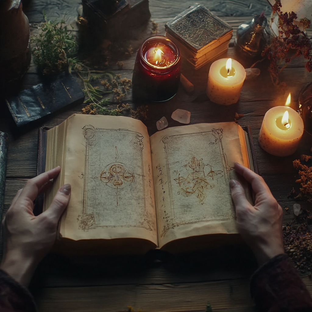 Magic items like candles, crystals, and spell books.