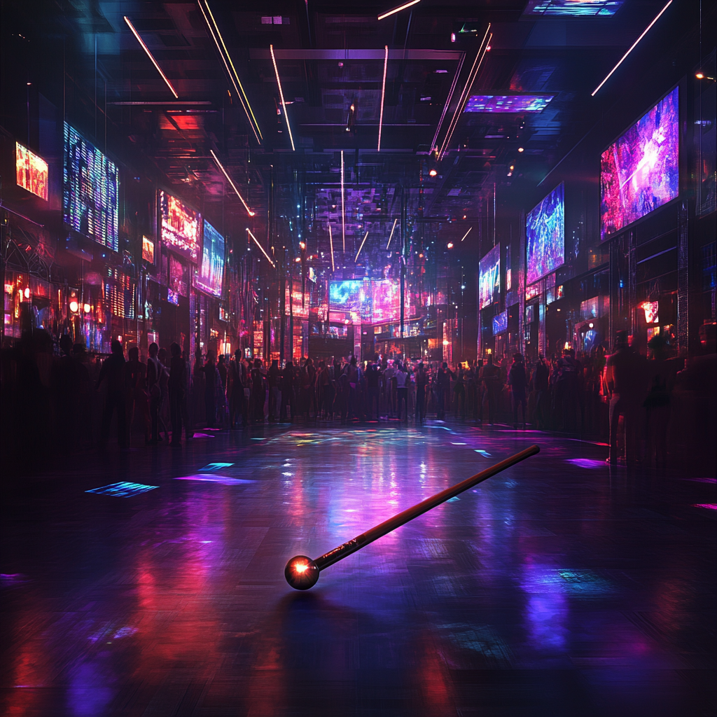 Magic wand on dancefloor in futuristic nightclub with LED screens.