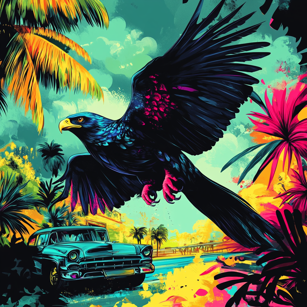 Majestic bird in flight with vibrant Cuban setting, optimized for high-quality fabric printing.