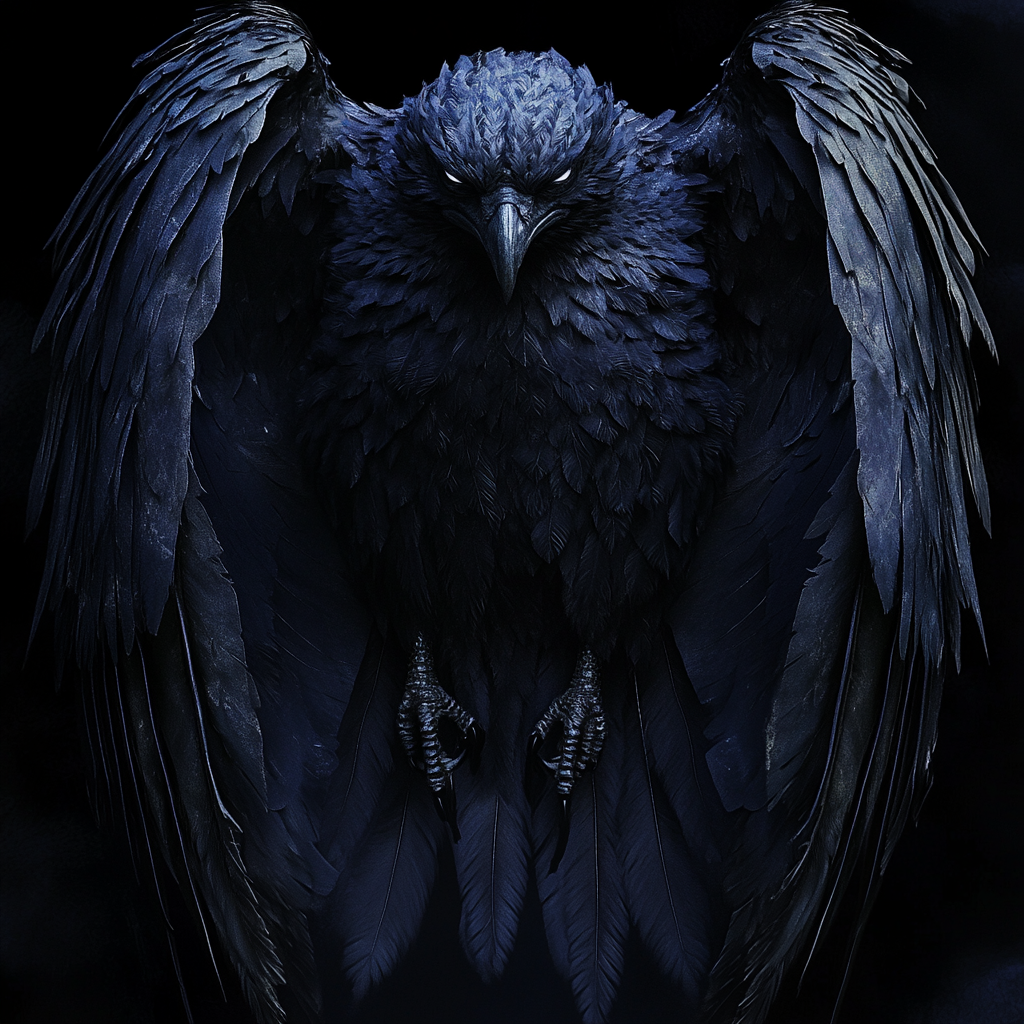 Majestic giant bird creature, black feathers, glowing silver eyes.