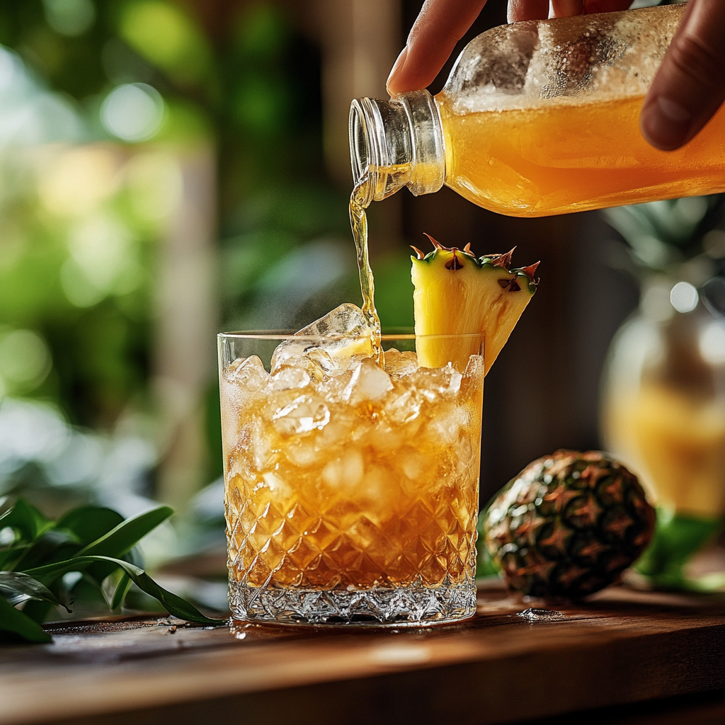 Making mai tai cocktail drink with rum, ice, and pineapple.