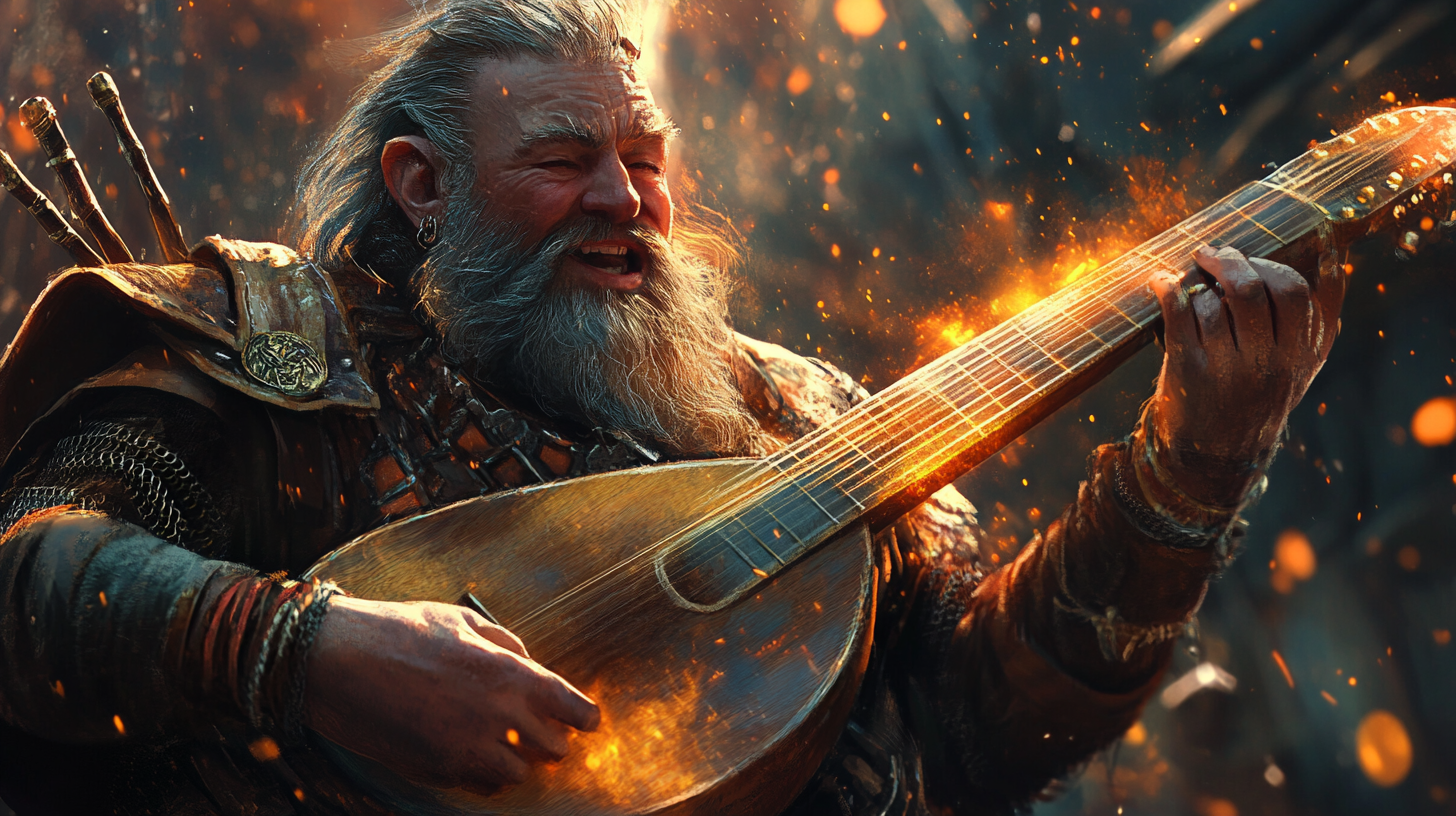 Male dwarf bard playing lute with magical radiance. Singing epic songs.