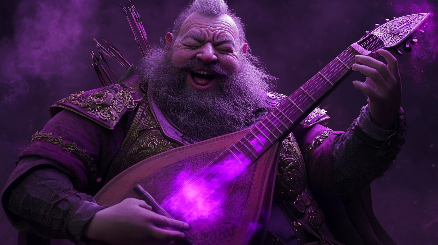 Male dwarf bard playing lute with purple magic. Singing intensely.