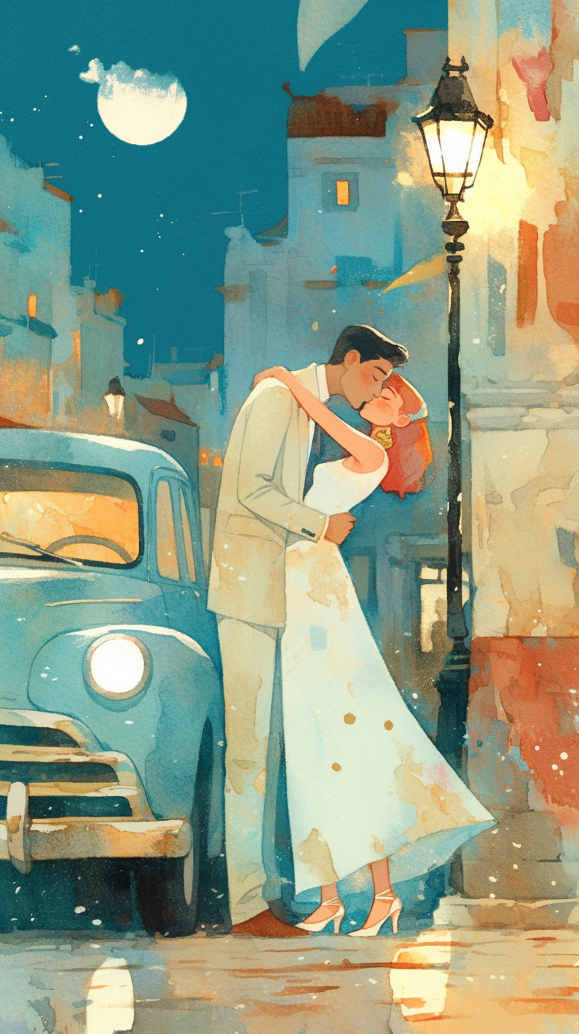 Man in beige suit kisses red-haired woman. Moonlit Casablanca.