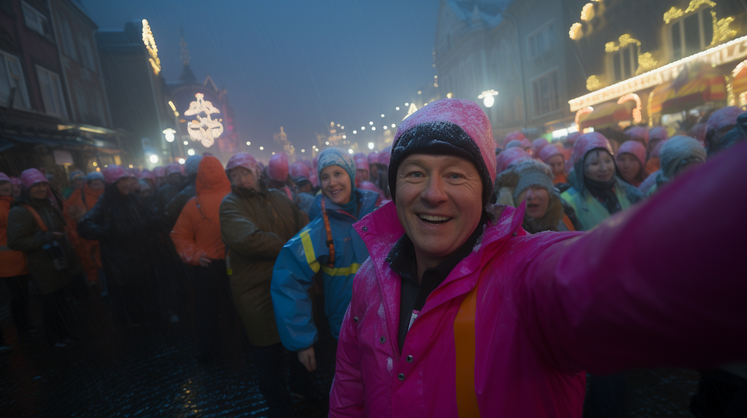 Man in colorful suit dancing in carnival procession at night.