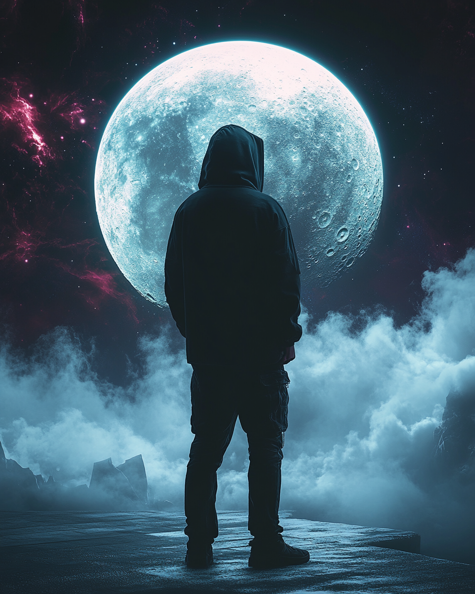 Man in hoodie, cyberpunk, moon, cosmic interstellar theme.