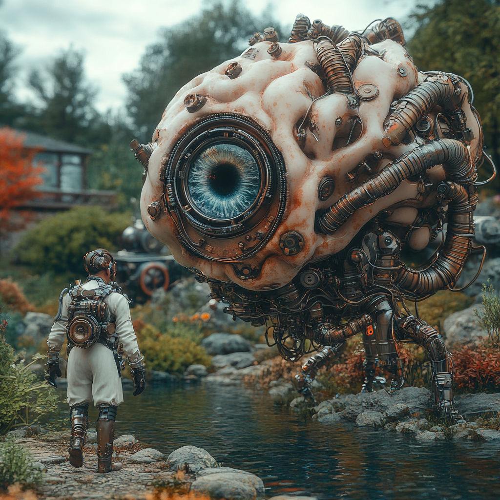 Man in steampunk gear with mechanical eye, brain sculpture.