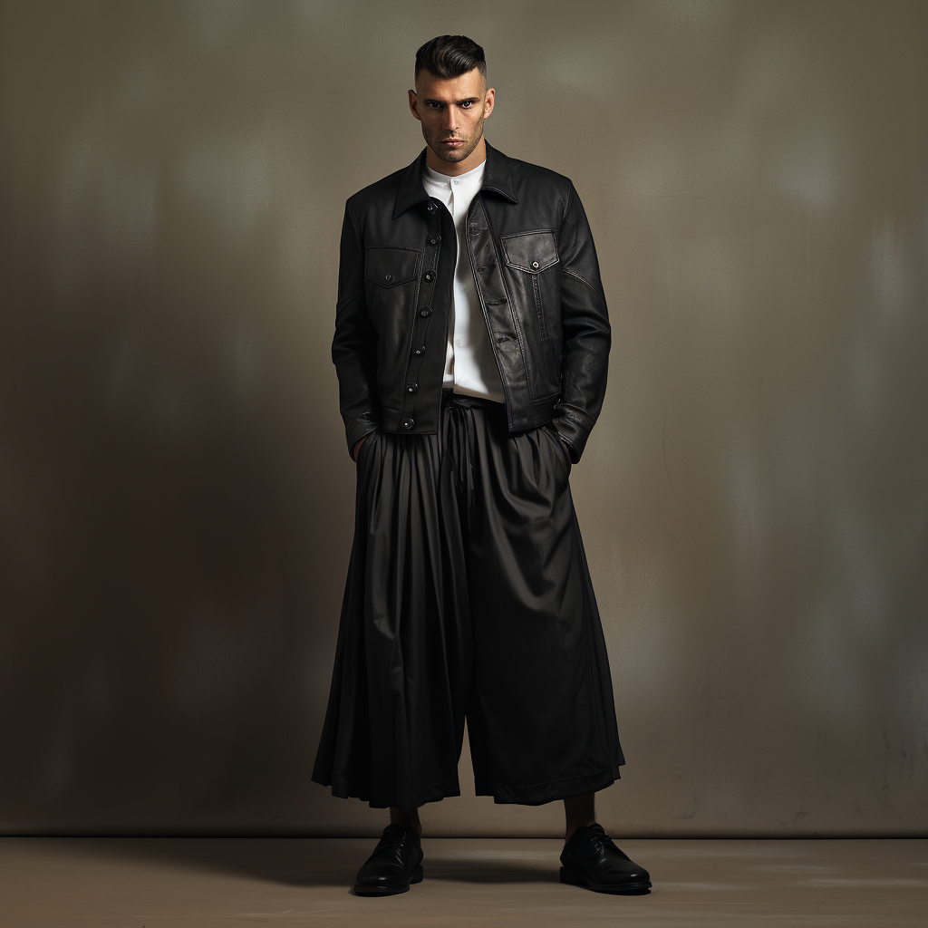 Man model wearing black suit, skirt, vintage sneakers - unique background.