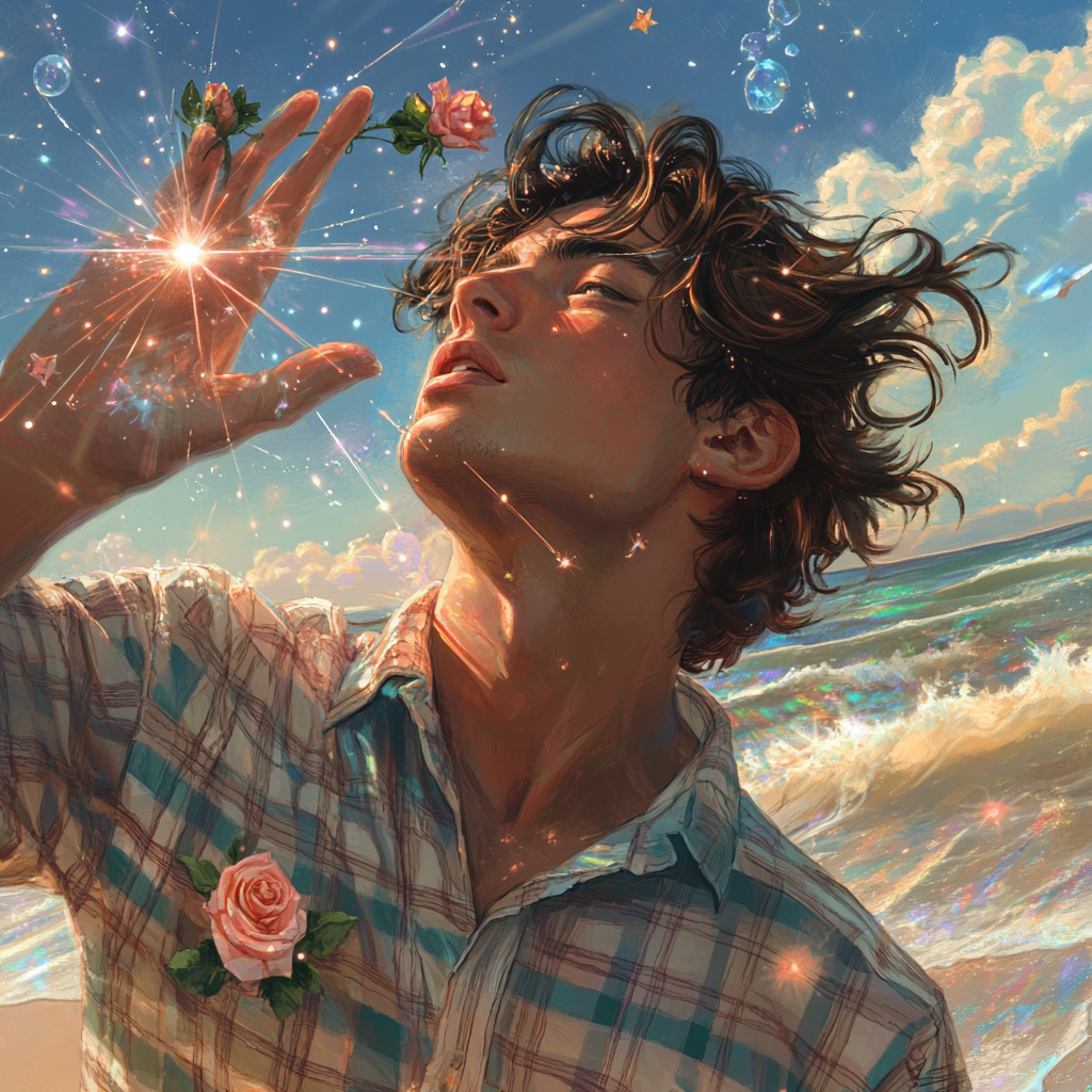 Man on beach with wind in hair, holding stars