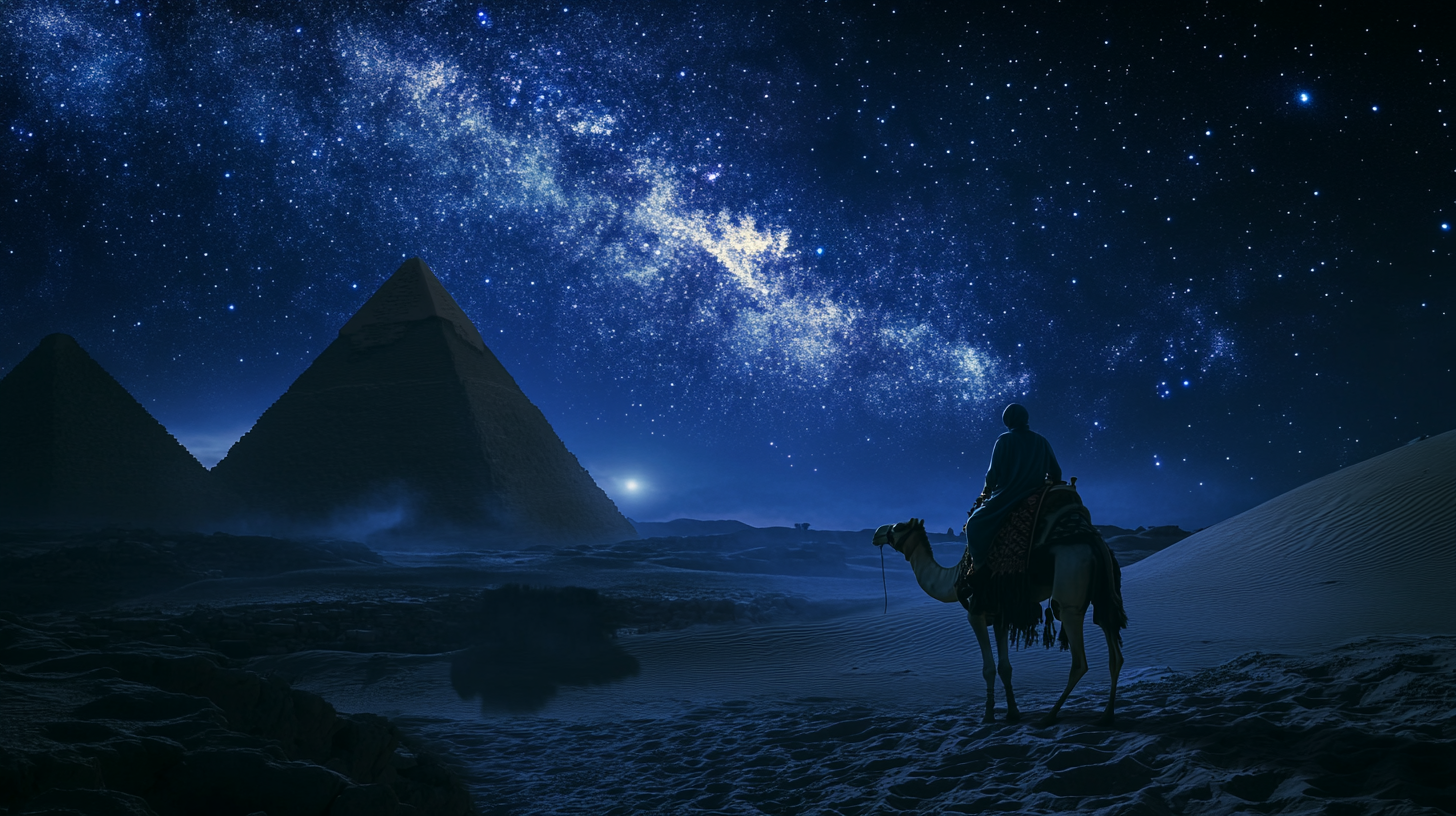 Man on camel rides through Arabian desert under night sky.