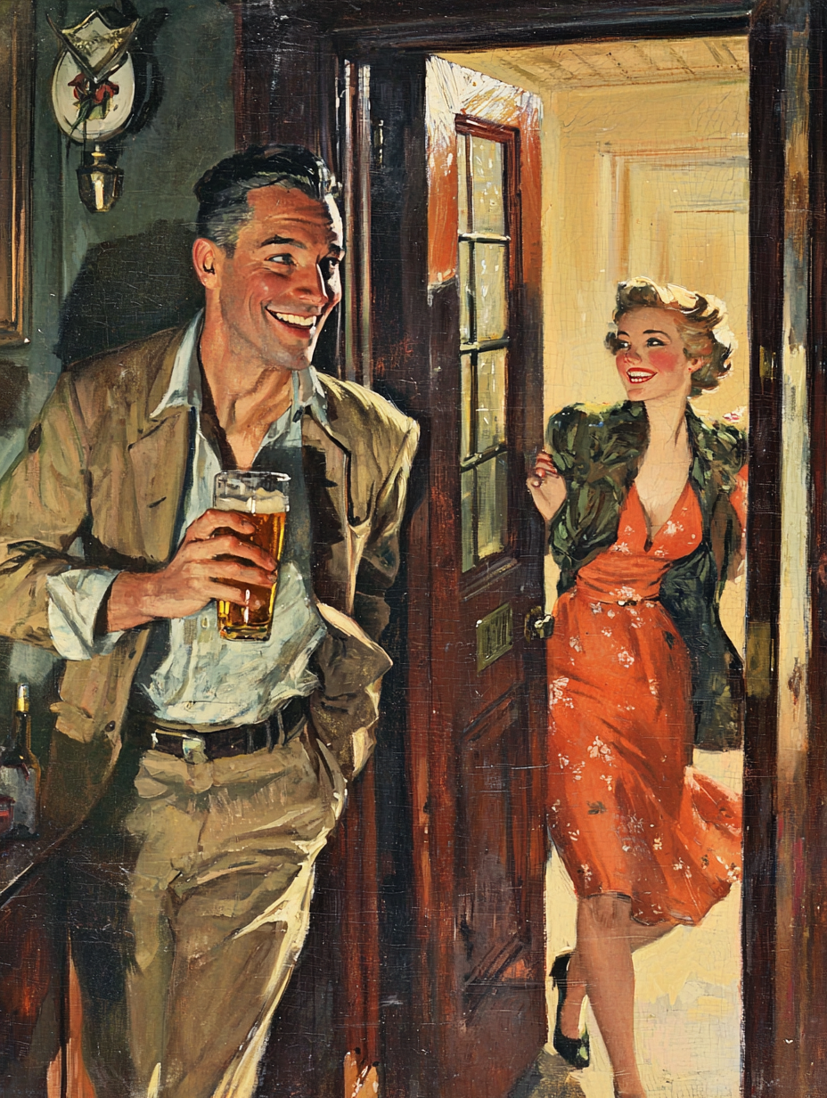 Man smiling, woman leaving, drinking beer, vintage book cover.