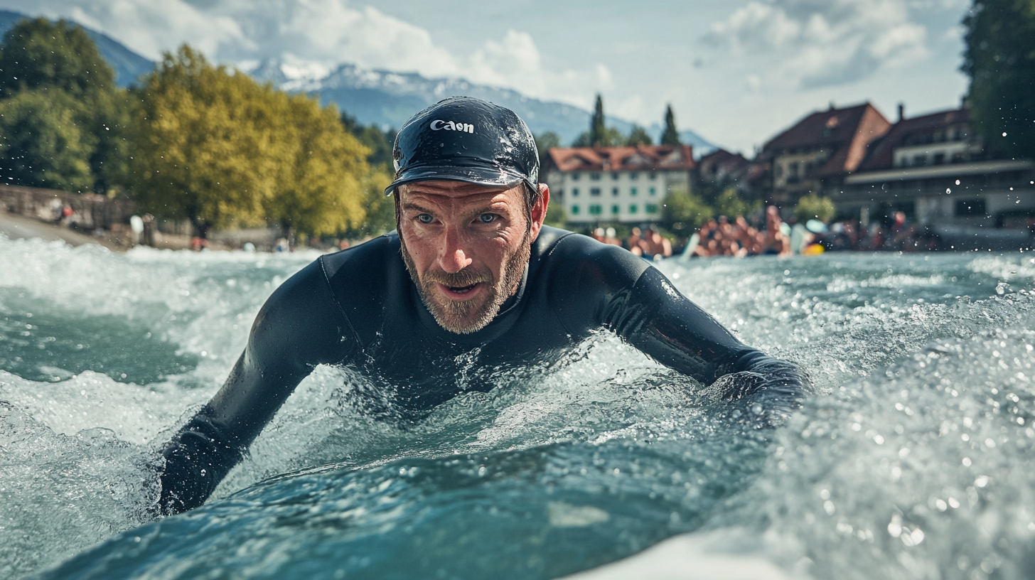 Man surfing in river wearing wetsuit and hat, determined.