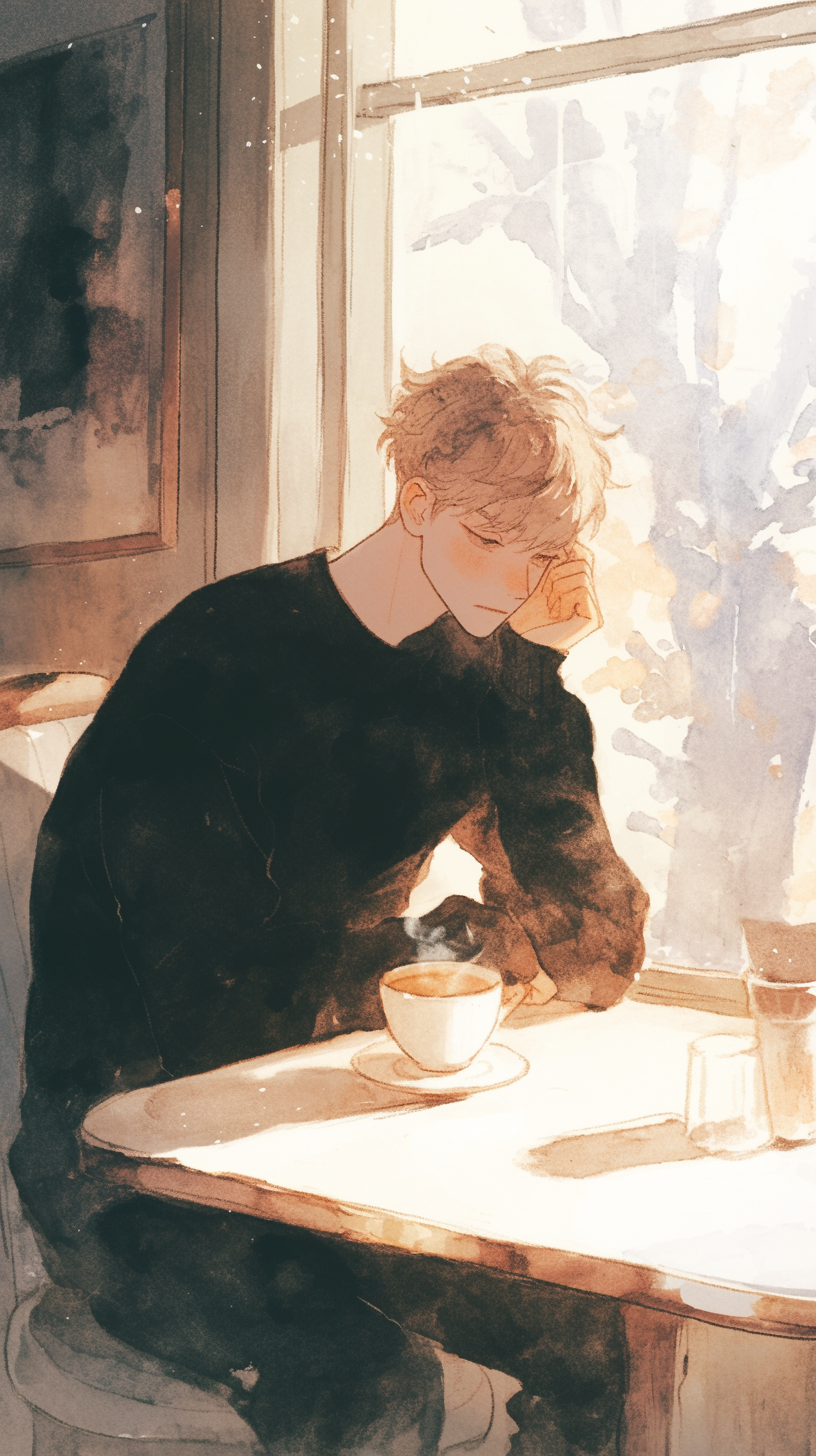 Man with blonde hair in café, lost in thought.