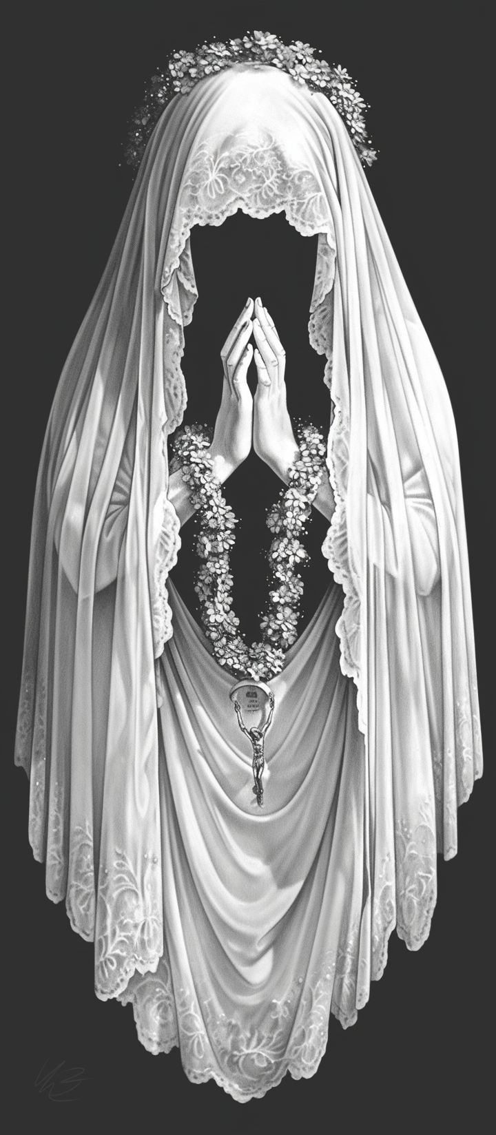 Marie statue with veil and praying hands design.