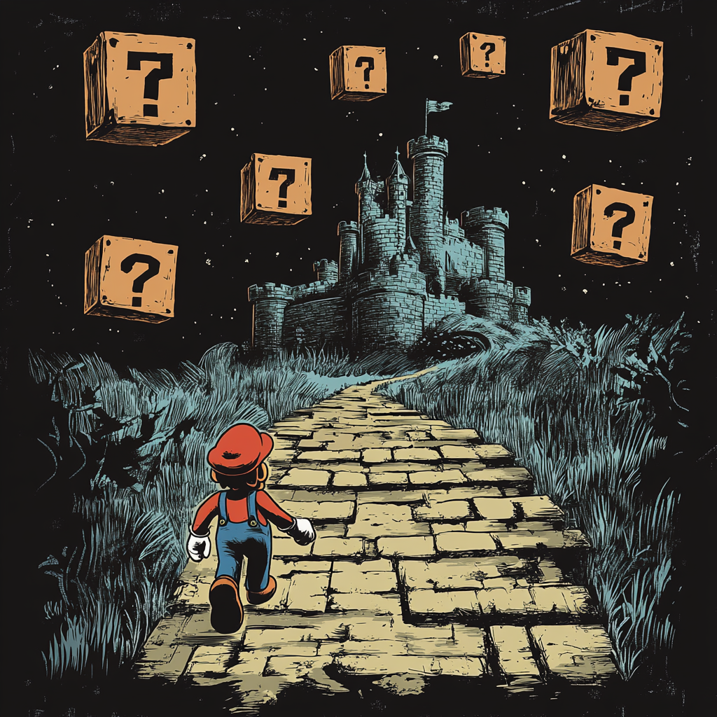 Mario in dark fantasy style walking to castle.