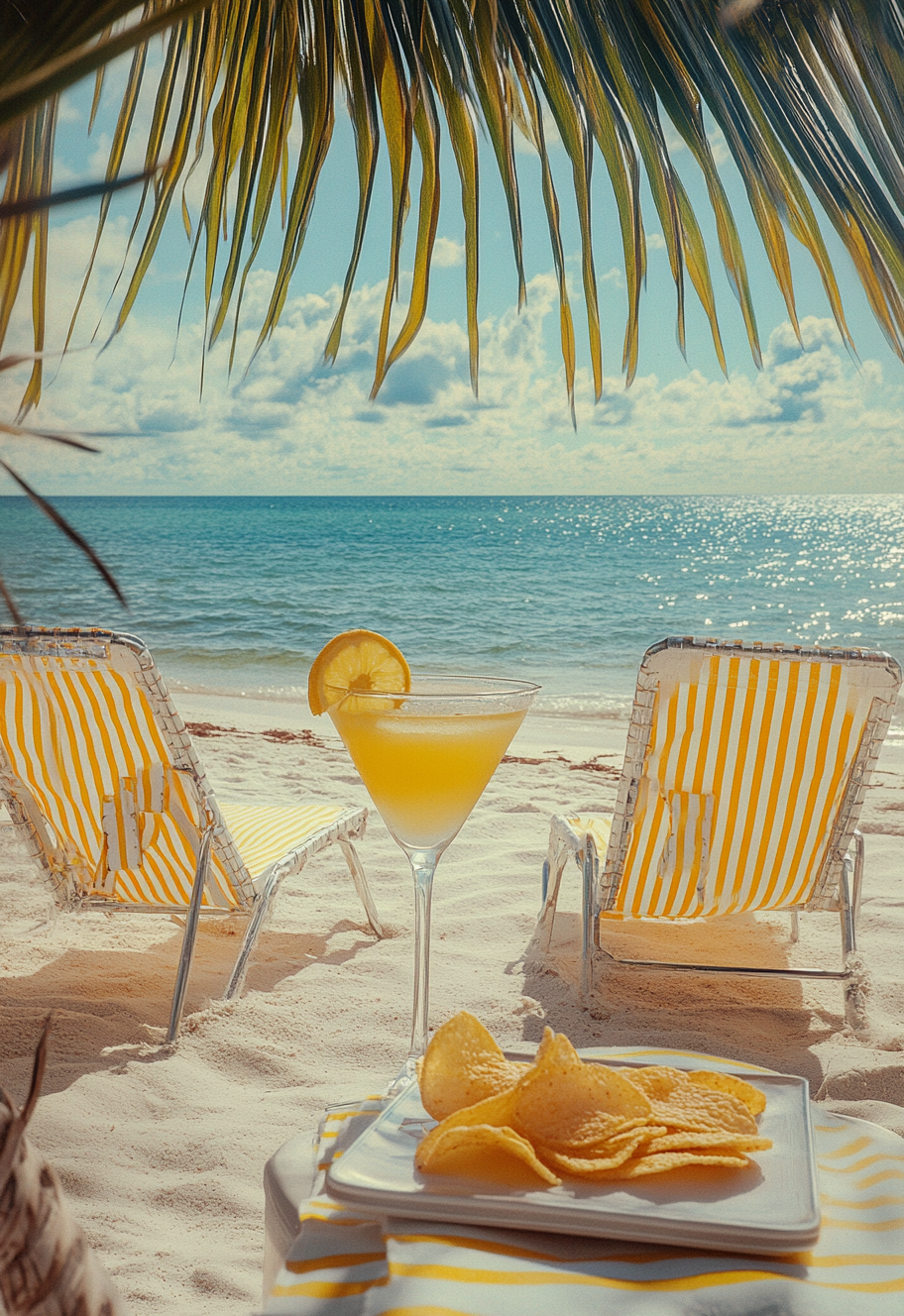 Martini shots and chips on beach chairs at sunrise.