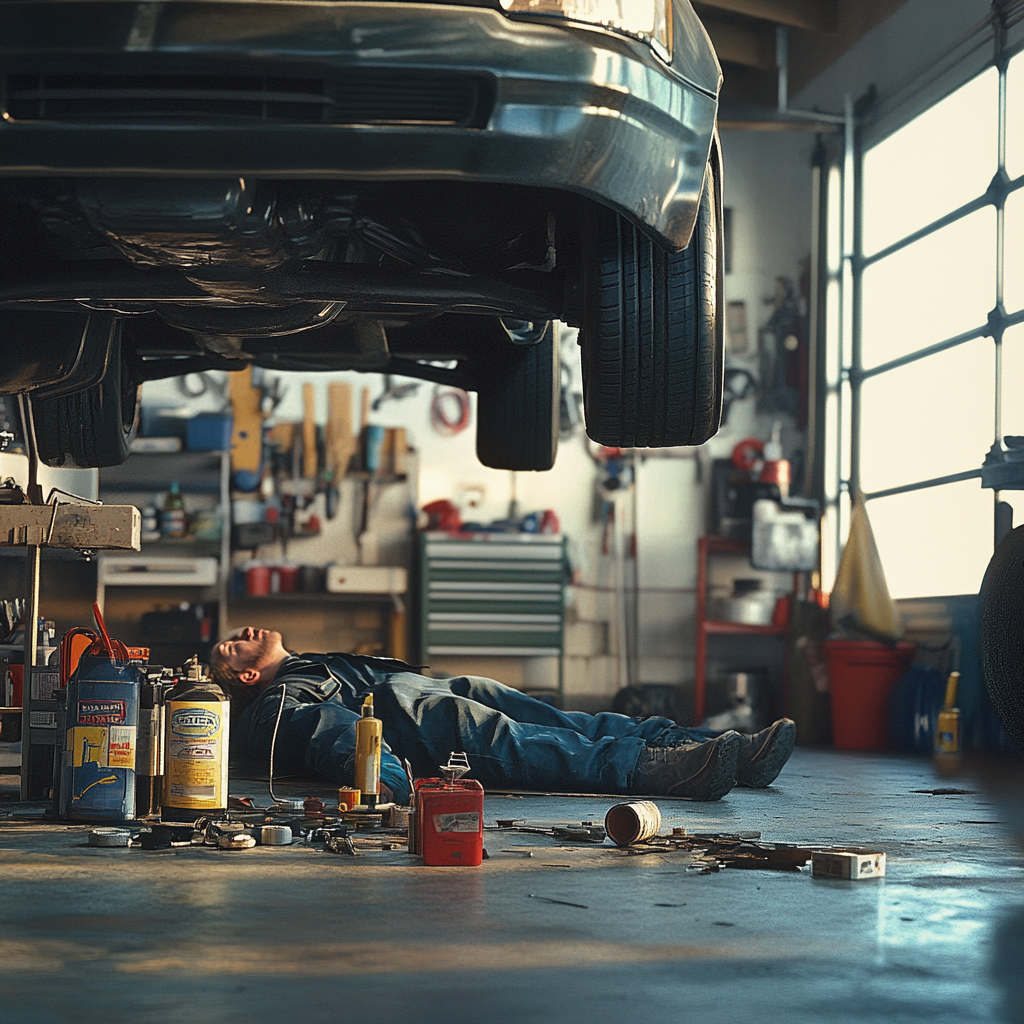 Mechanic under car, tools, oil, grease, tires, work area.