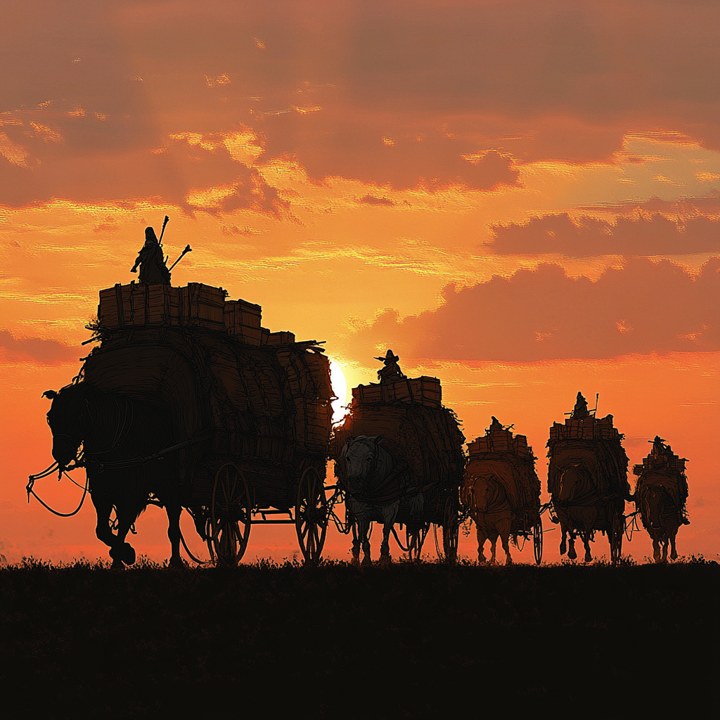 Medieval caravan with crates, ogre, gnome, and sunset.