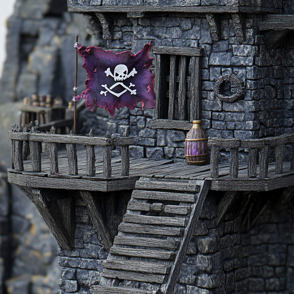 Medium sized pirate castle made of rugged bricks and wood.