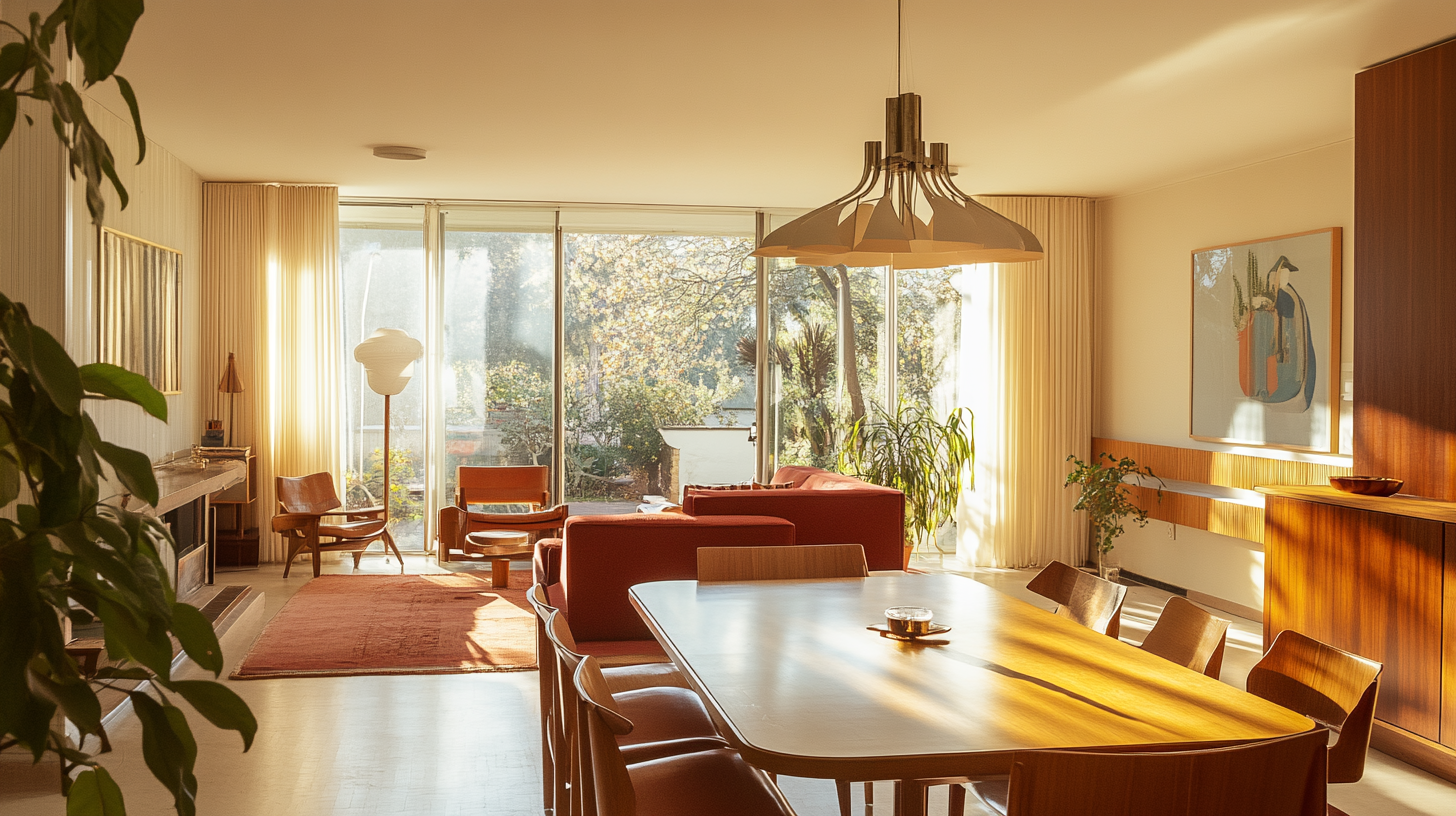 Mid-century living room and dining table photo. Bright.