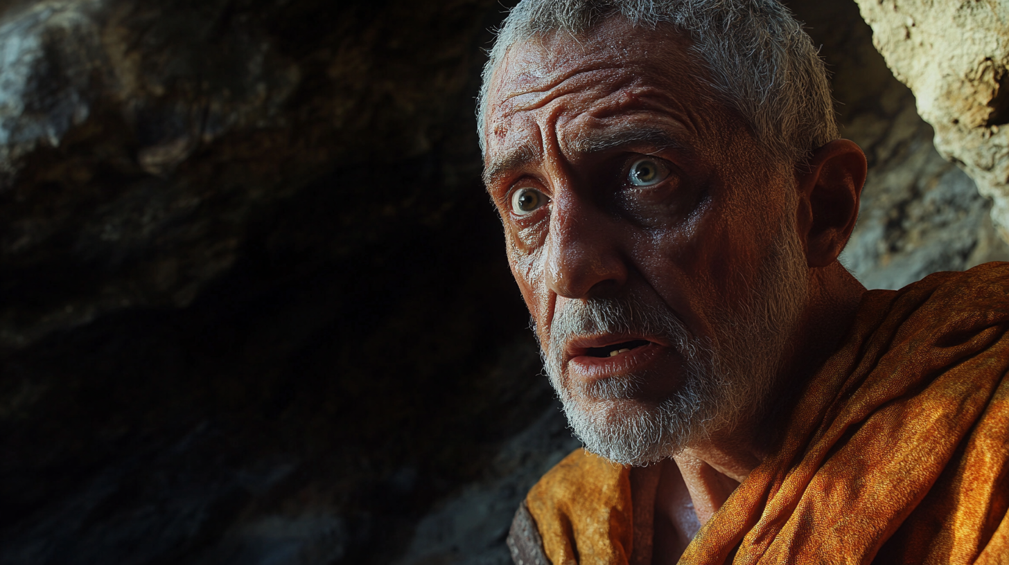 Middle-aged Roman senator with fearful expression, volcanic cave background.