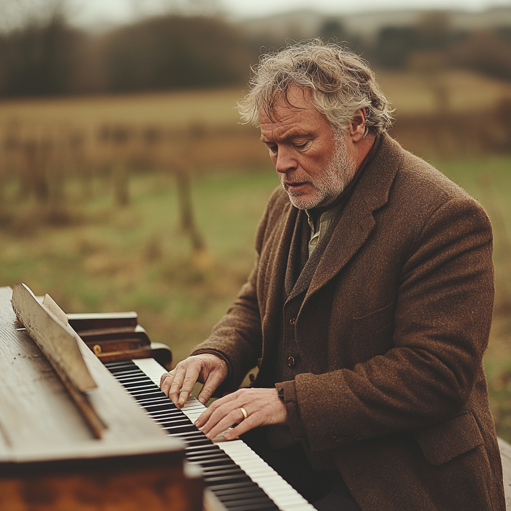 Middle aged man plays piano in Irish field.