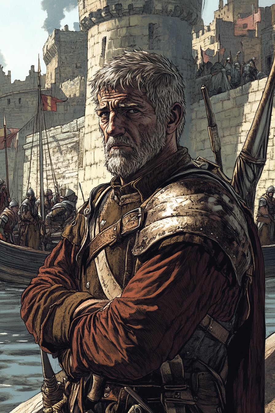 Middle-aged sergeant in chainmail armor waits at river docks.