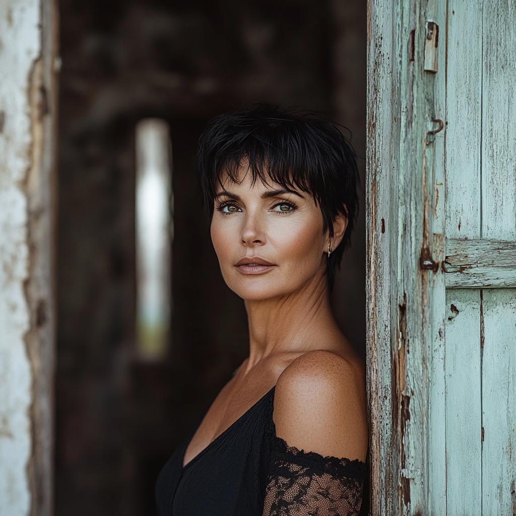 Middle aged woman with short black hair posing by old doorway for fashion magazine shoot