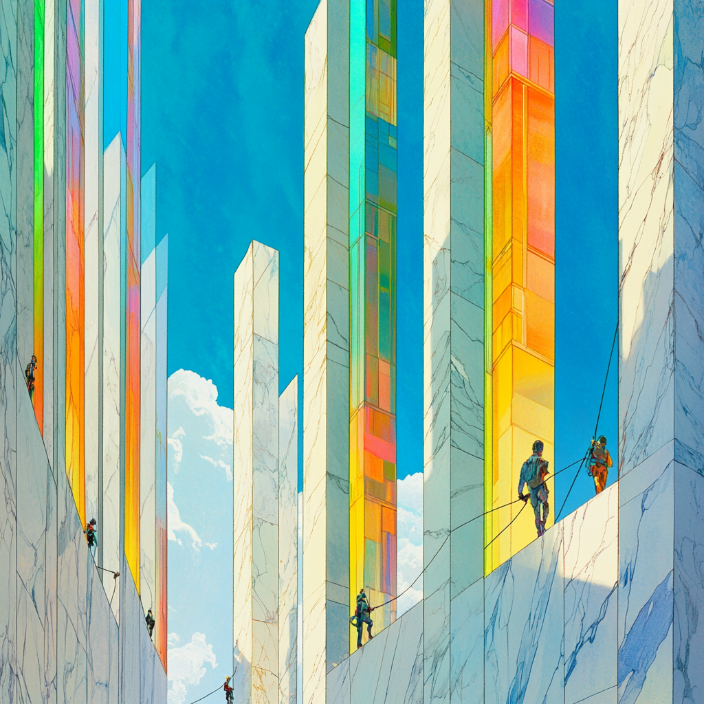 Midjourney scene: tall marble buildings, colorful windows, arrows.