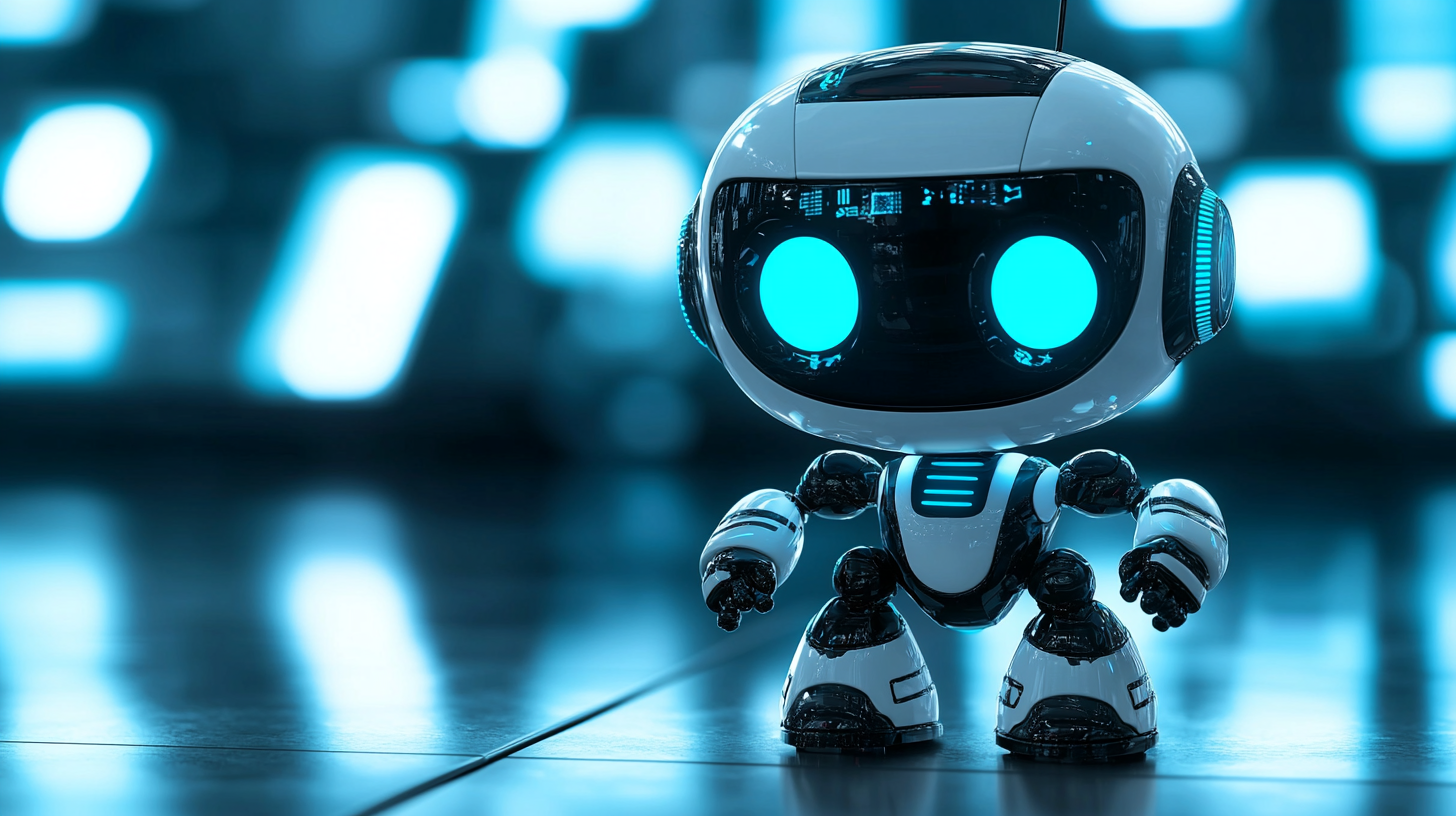 Miniature robot with glowing eyes for advertising or banners.