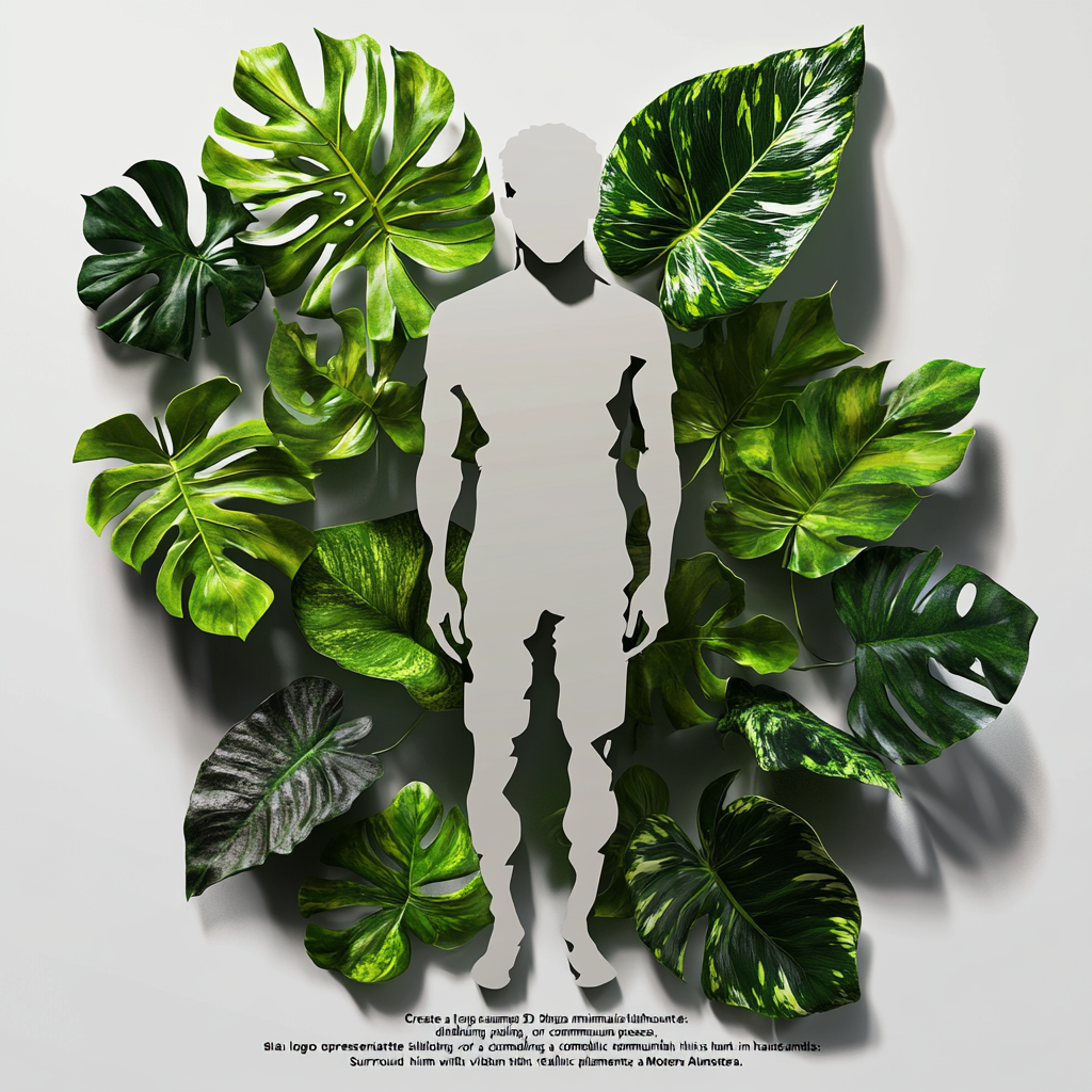 Minimalist 3D logo showcasing man in elegant poses surrounded by vibrant plant elements.