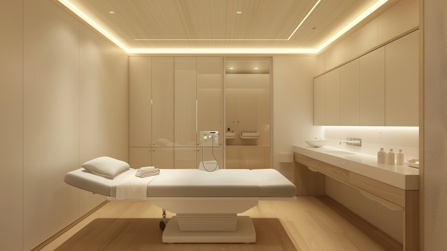 Minimalist Treatment Room with Neutral Colors and Subdued Lighting