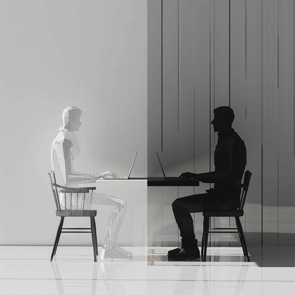 Minimalist black and white workspace with human and AI collaboration