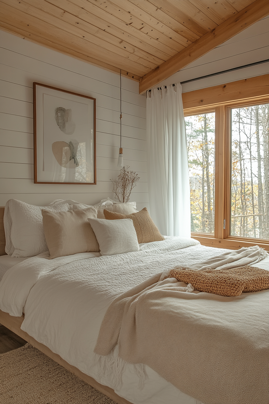 Minimalist cabin bedroom with platform bed and natural light.