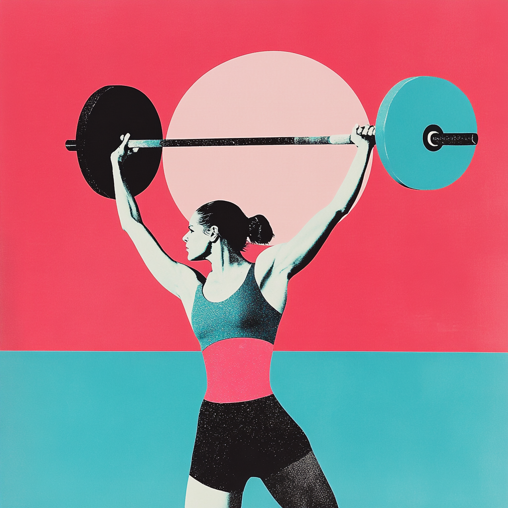 Minimalist collage of female weight lifter in pink, blue, black.