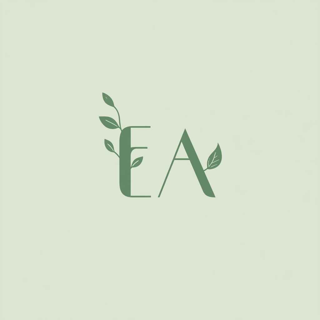 Minimalist logo design for ‘EA’ incorporating plant elements.