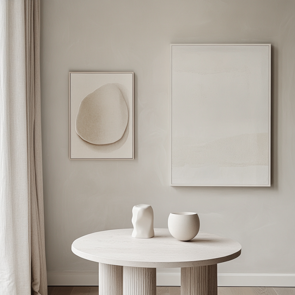 Minimalist white wall with subtle texture and art.