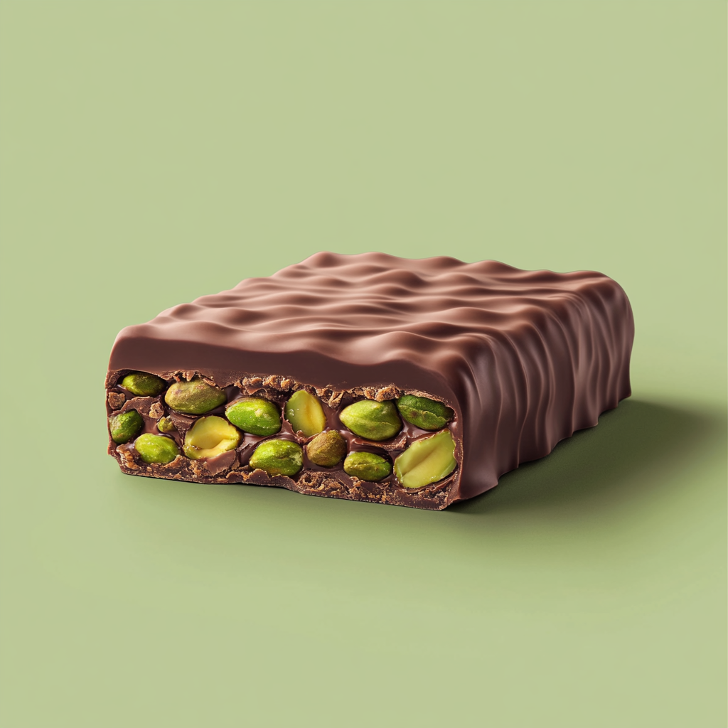 Minimalistic MYDAYS chocolate label with hyper-realistic Kunafa Pistachio flavor.