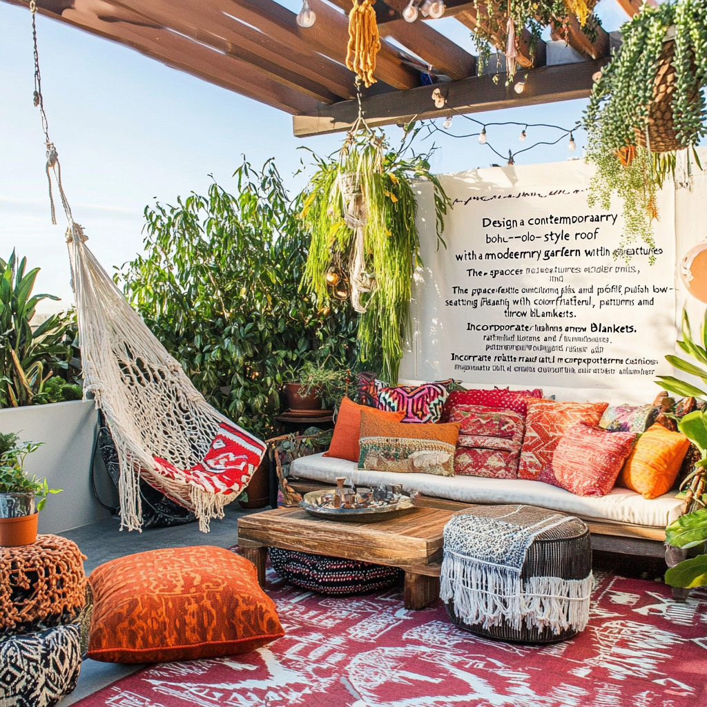 Modern boho rooftop garden with eclectic furniture and lush greenery.