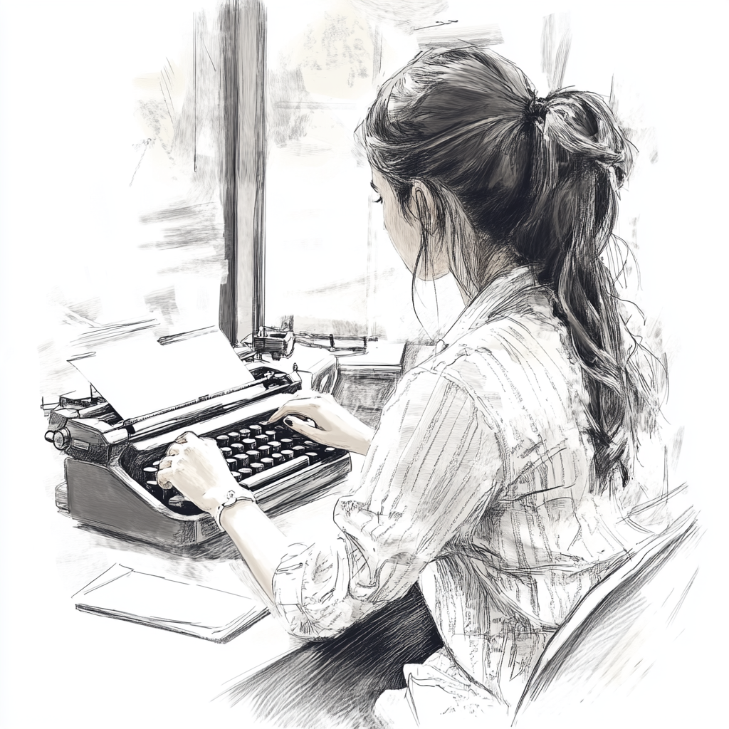 Modern office girl at desk typewriter, sketch, portrait.